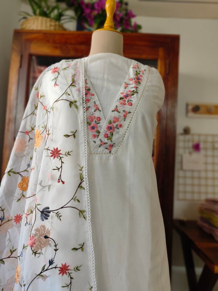 Hoor – Luxury Pure Soft Chanderi Cotton Handworked and Embroidered Salwar Kameez Set by Ikhtirah (white) - Image 10