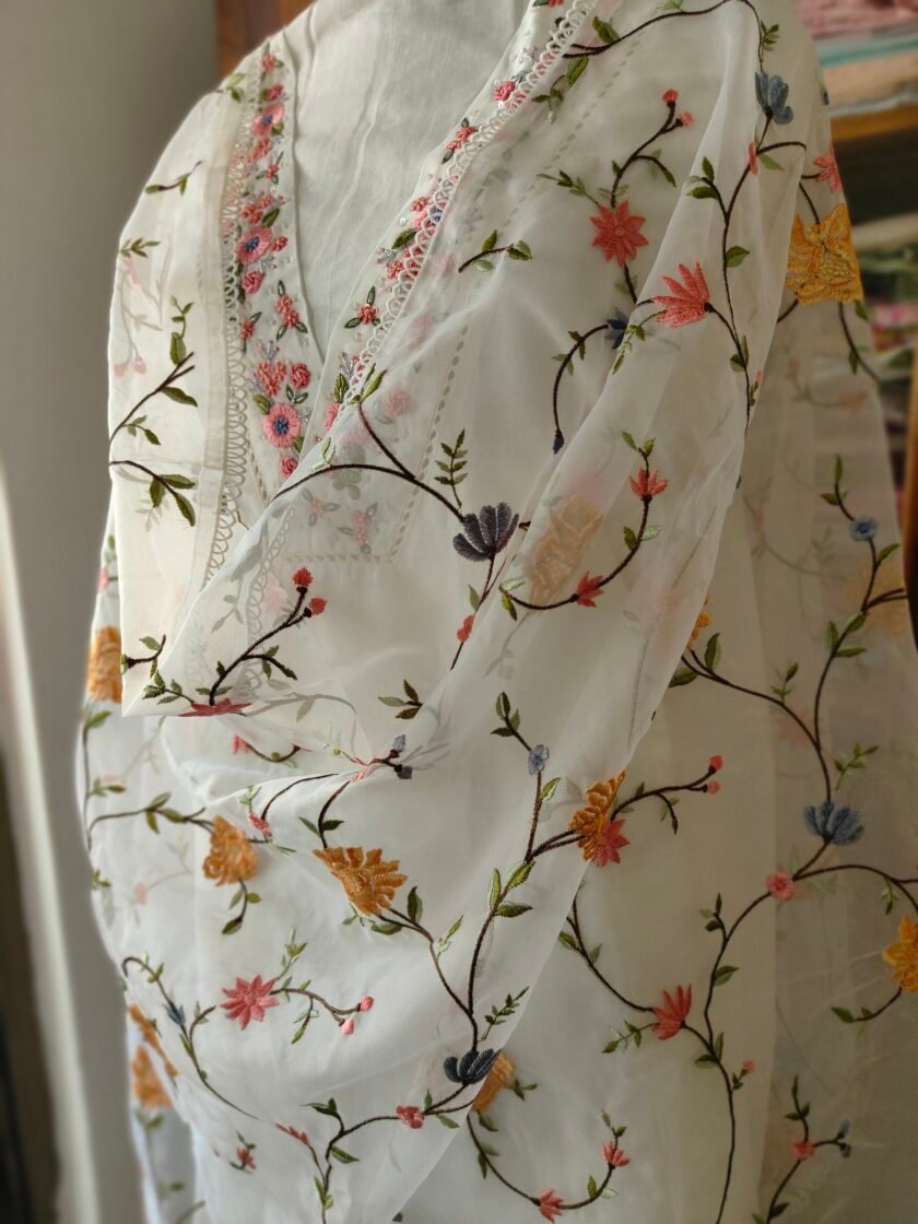 Hoor – Luxury Pure Soft Chanderi Cotton Handworked and Embroidered Salwar Kameez Set by Ikhtirah (white) - Image 7