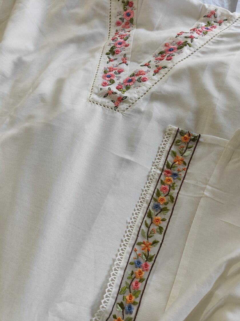 Hoor – Luxury Pure Soft Chanderi Cotton Handworked and Embroidered Salwar Kameez Set by Ikhtirah (white) - Image 5