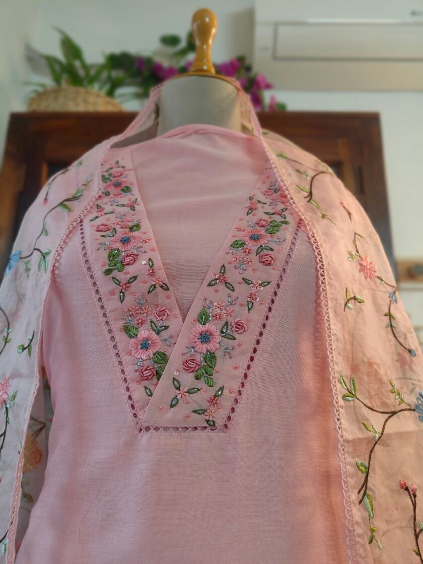 Hoor – Luxury Pure Soft Chanderi Cotton Handworked and Embroidered Salwar Kameez Set by Ikhtirah (pink) - Image 6