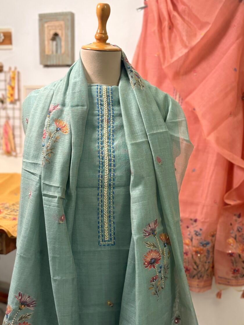 Hand Highlighted Chanderi Cotton Jaamdani Salwar Set by Ikhtirah