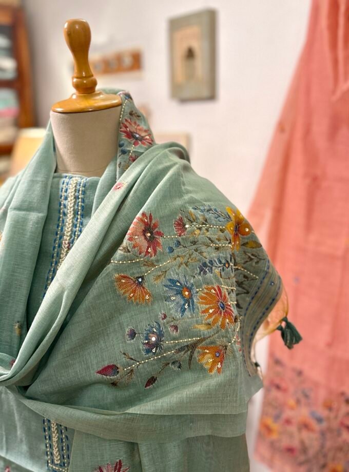 Hand Highlighted Chanderi Cotton Jaamdani Salwar Set by Ikhtirah