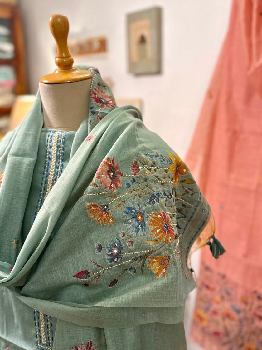 Hand Highlighted Chanderi Cotton Jaamdani Salwar Set by Ikhtirah - Image 2