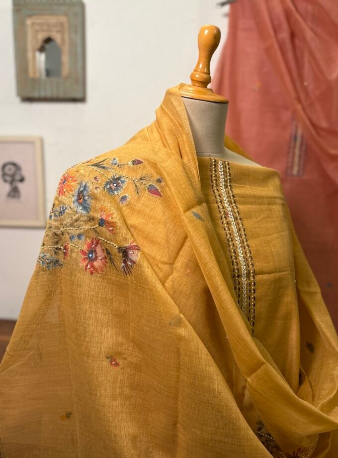 Hand Highlighted Chanderi Cotton Jaamdani Salwar Set by Ikhtirah