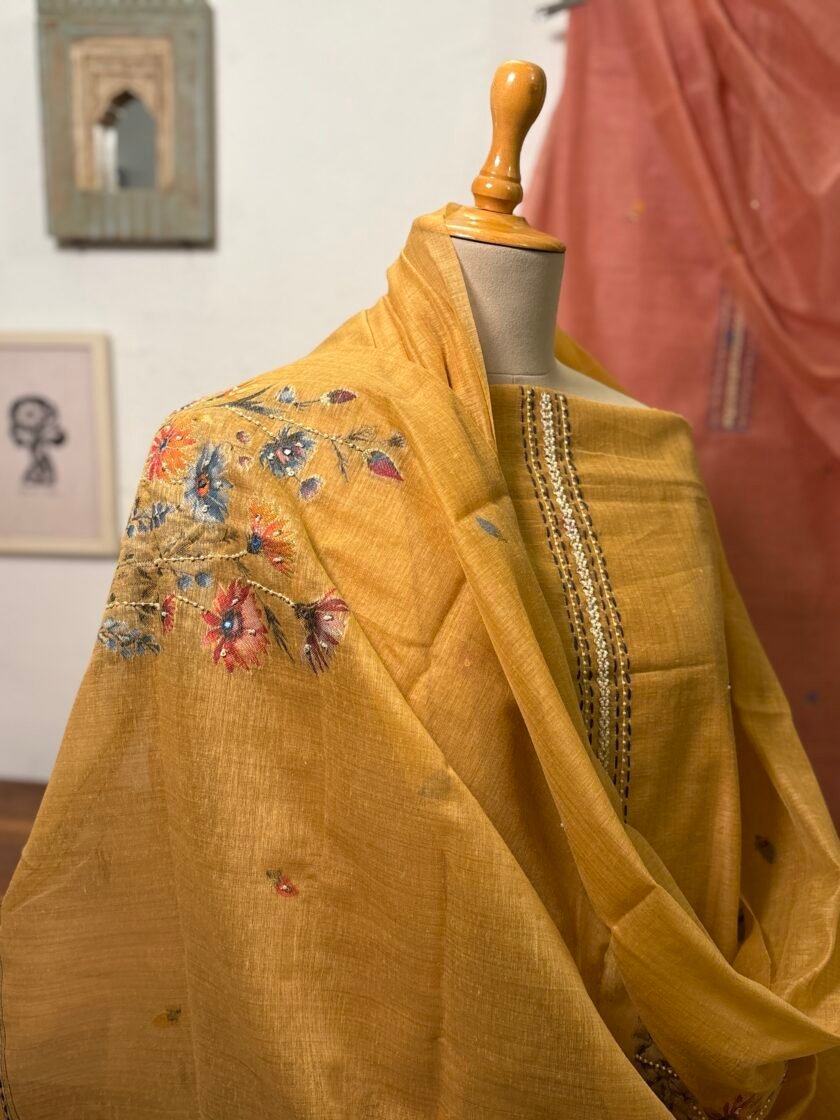 Hand Highlighted Chanderi Cotton Jaamdani Salwar Set by Ikhtirah