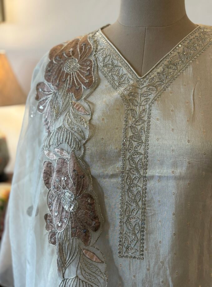 Embroidered Shimmer Silk Salwar Set by Ikhtirah