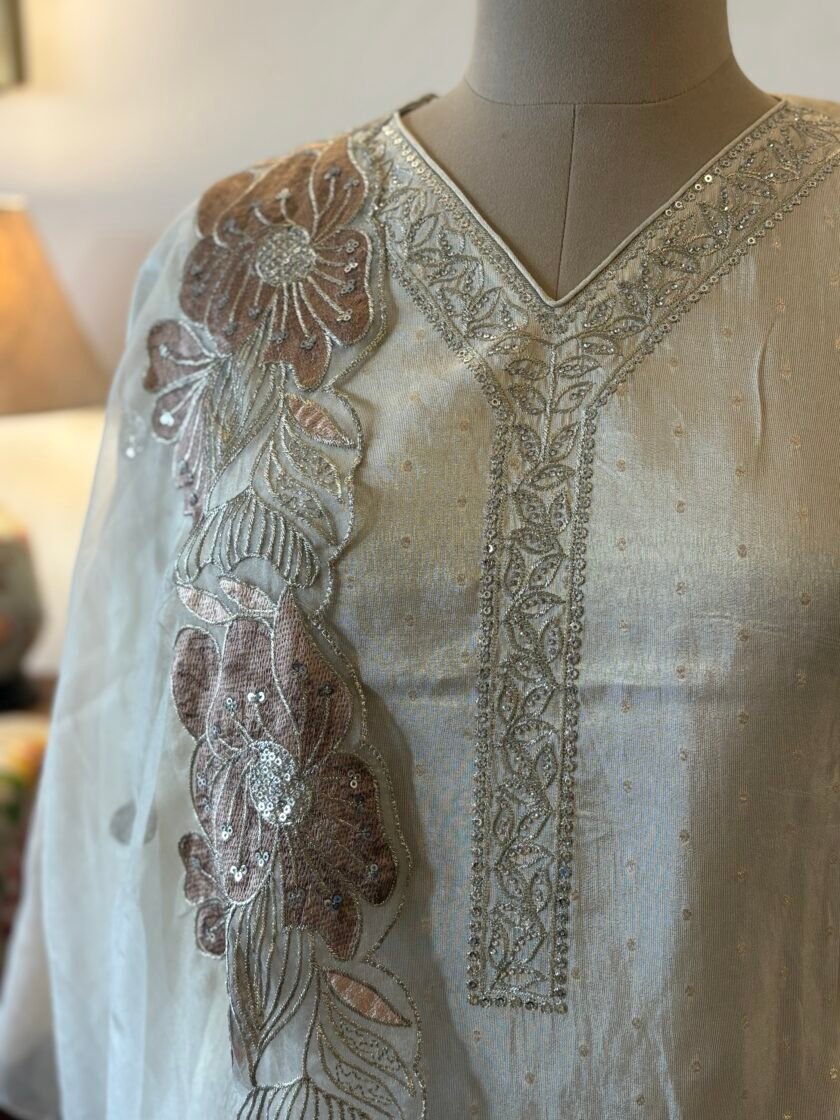 Embroidered Shimmer Silk Salwar Set by Ikhtirah