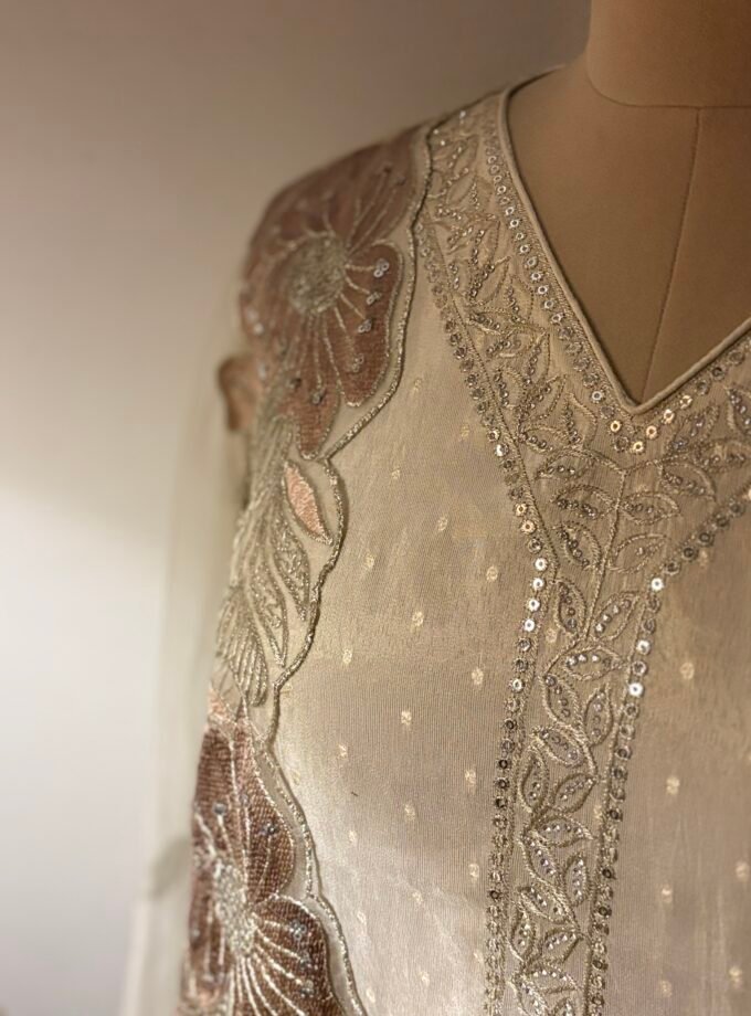 Embroidered Shimmer Silk Salwar Set by Ikhtirah