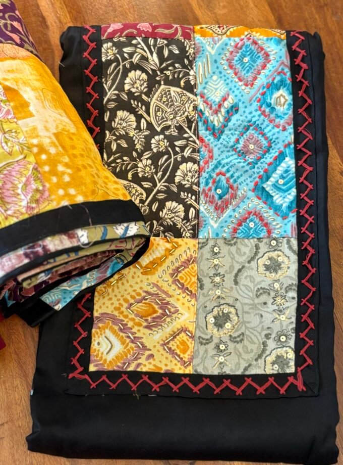 Kalaa : Pure Jaam Cotton Satin - Handcrafted Patchwork Salwar Set by Ikhtirah