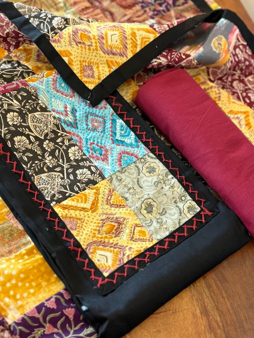 Kalaa :  Pure Jaam Cotton Satin - Handcrafted Patchwork Salwar Set by Ikhtirah - Image 4