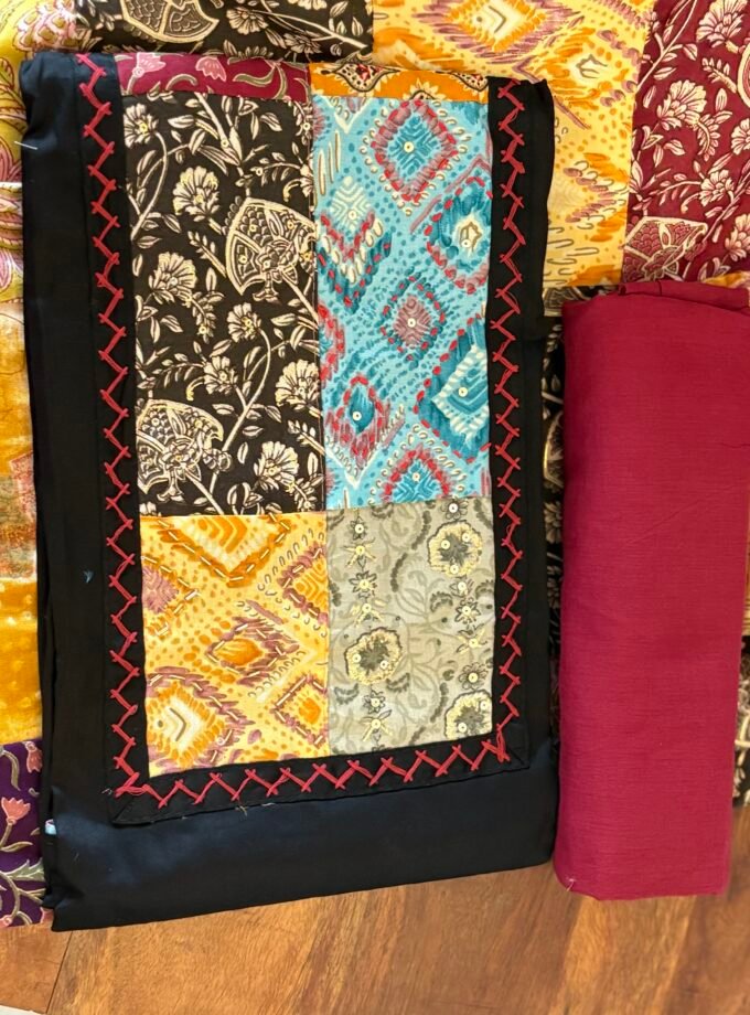 Kalaa : Pure Jaam Cotton Satin - Handcrafted Patchwork Salwar Set by Ikhtirah