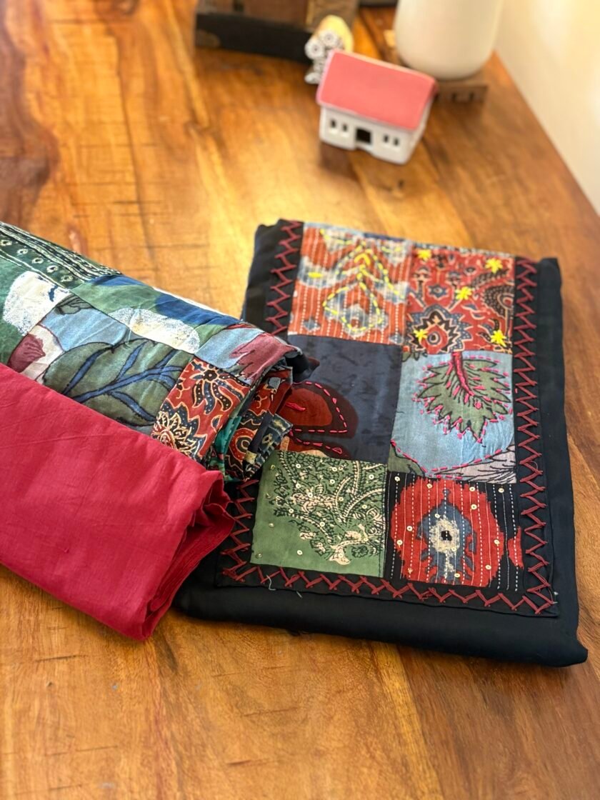 Kalaa :  Pure Jaam Cotton Satin - Handcrafted Patchwork Salwar Set by Ikhtirah