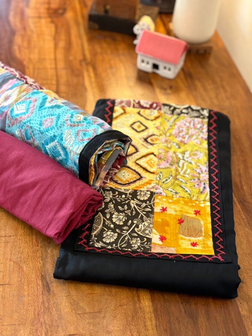 Kalaa :  Pure Jaam Cotton Satin - Handcrafted Patchwork Salwar Set by Ikhtirah
