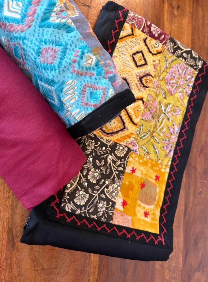 Kalaa : Pure Jaam Cotton Satin - Handcrafted Patchwork Salwar Set by Ikhtirah