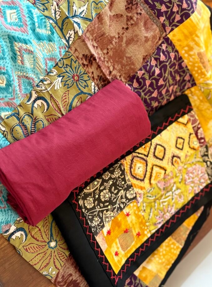 Kalaa : Pure Jaam Cotton Satin - Handcrafted Patchwork Salwar Set by Ikhtirah