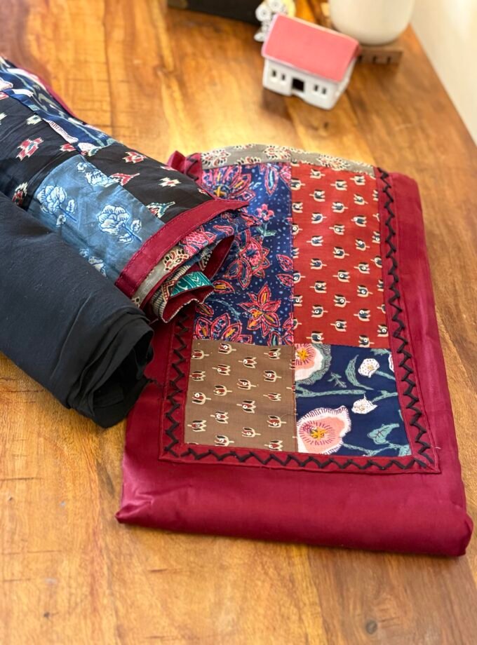 Kalaa :  Pure Jaam Cotton Satin - Handcrafted Patchwork Salwar Set by Ikhtirah
