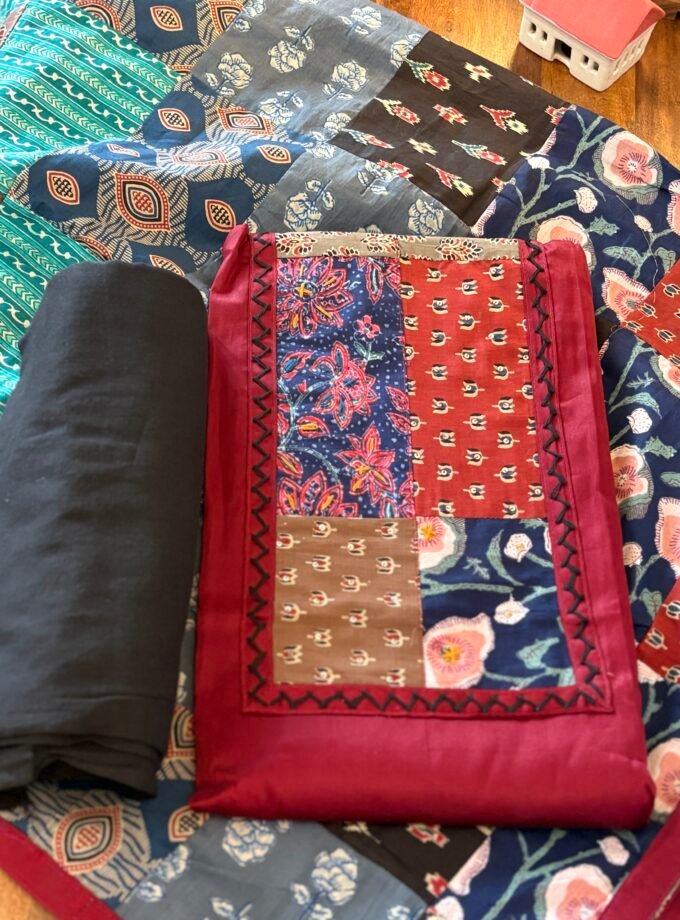 Kalaa : Pure Jaam Cotton Satin - Handcrafted Patchwork Salwar Set by Ikhtirah