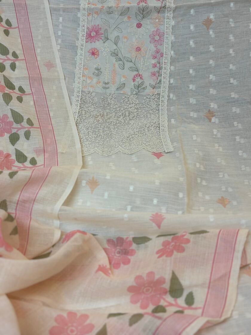 Embroidered Cotton Linen Salwar Set with Lace detailings by Ikhtirah - Image 3