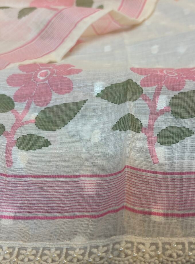 Embroidered Cotton Linen Salwar Set with Lace detailings by Ikhtirah