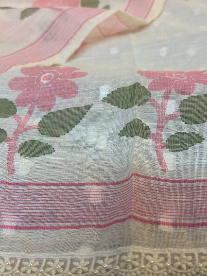 Embroidered Cotton Linen Salwar Set with Lace detailings by Ikhtirah - Image 5