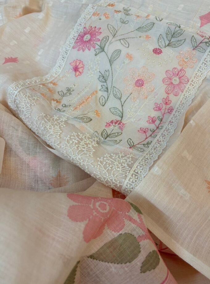 Embroidered Cotton Linen Salwar Set with Lace detailings by Ikhtirah