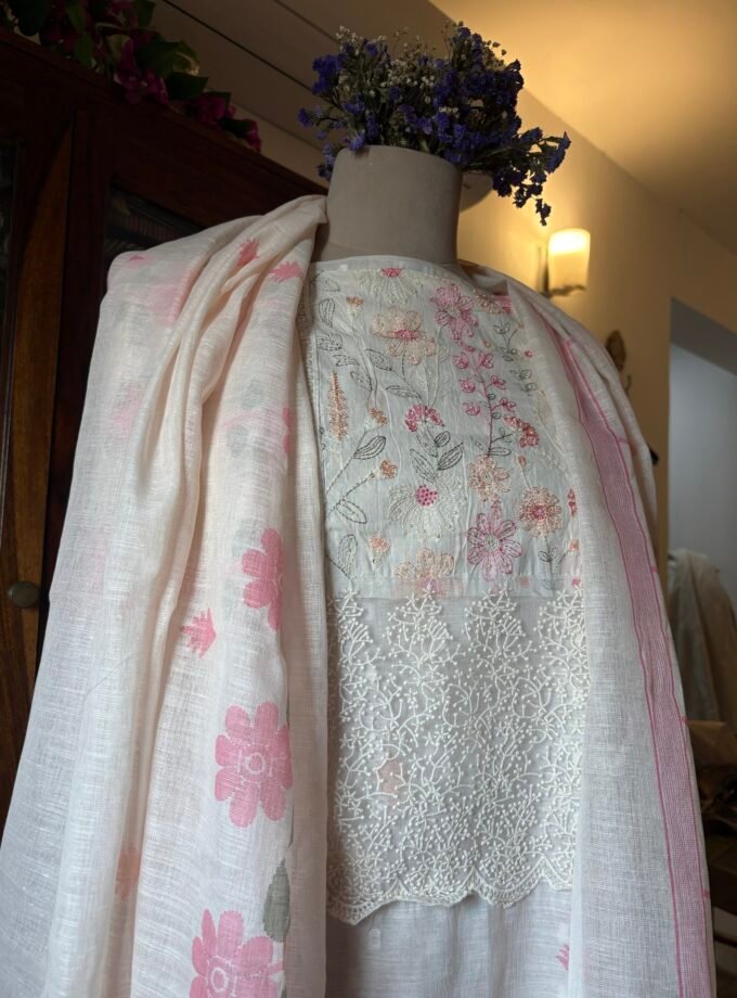 Embroidered Cotton Linen Salwar Set with Lace detailings by Ikhtirah