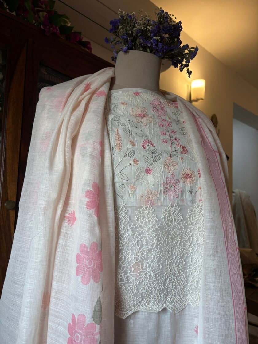 Embroidered Cotton Linen Salwar Set with Lace detailings by Ikhtirah - Image 10