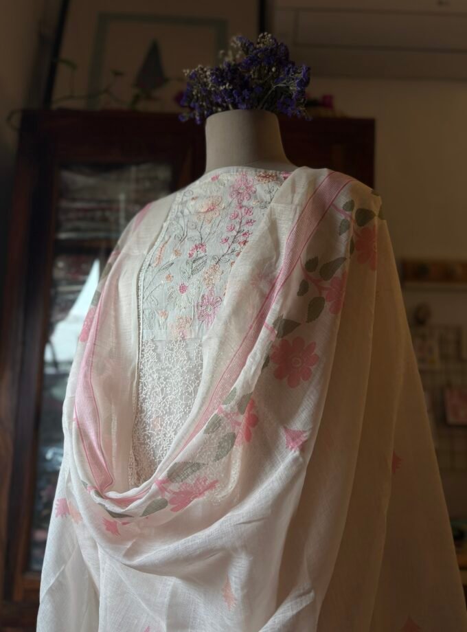 Embroidered Cotton Linen Salwar Set with Lace detailings by Ikhtirah