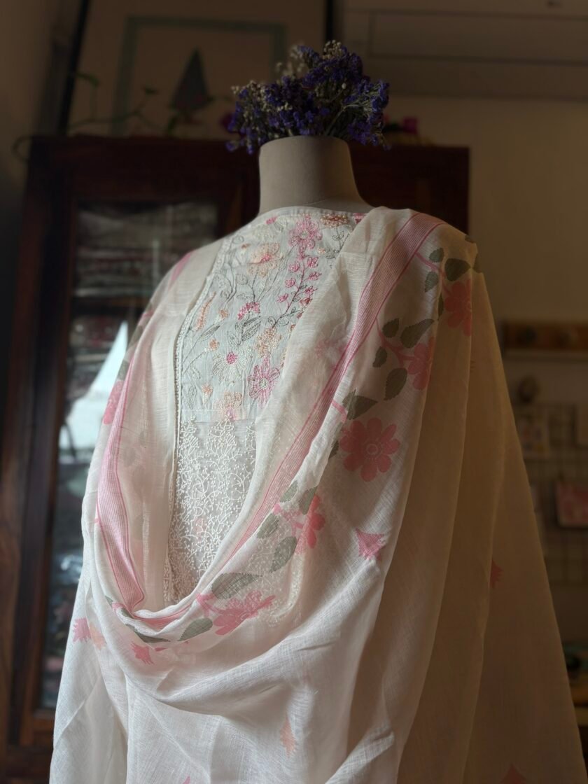 Embroidered Cotton Linen Salwar Set with Lace detailings by Ikhtirah