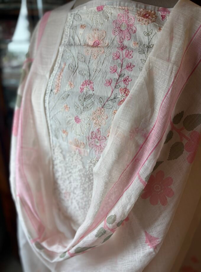 Embroidered Cotton Linen Salwar Set with Lace detailings by Ikhtirah