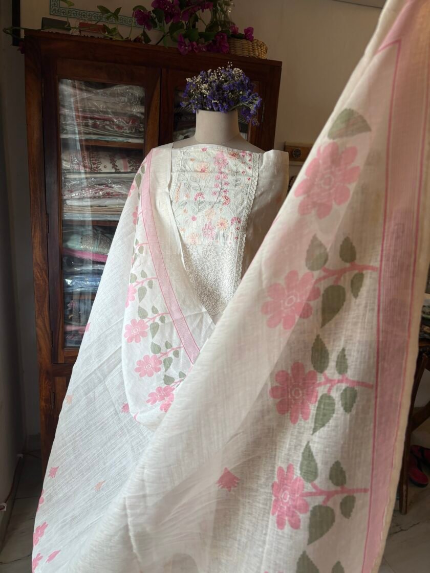 Embroidered Cotton Linen Salwar Set with Lace detailings by Ikhtirah - Image 2