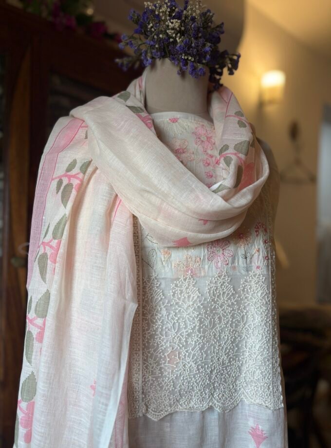 Embroidered Cotton Linen Salwar Set with Lace detailings by Ikhtirah