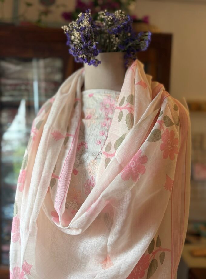 Embroidered Cotton Linen Salwar Set with Lace detailings by Ikhtirah