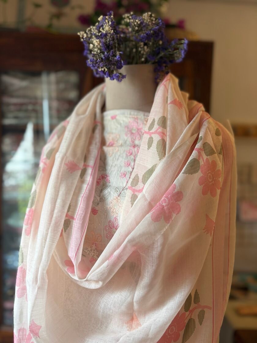 Embroidered Cotton Linen Salwar Set with Lace detailings by Ikhtirah - Image 8