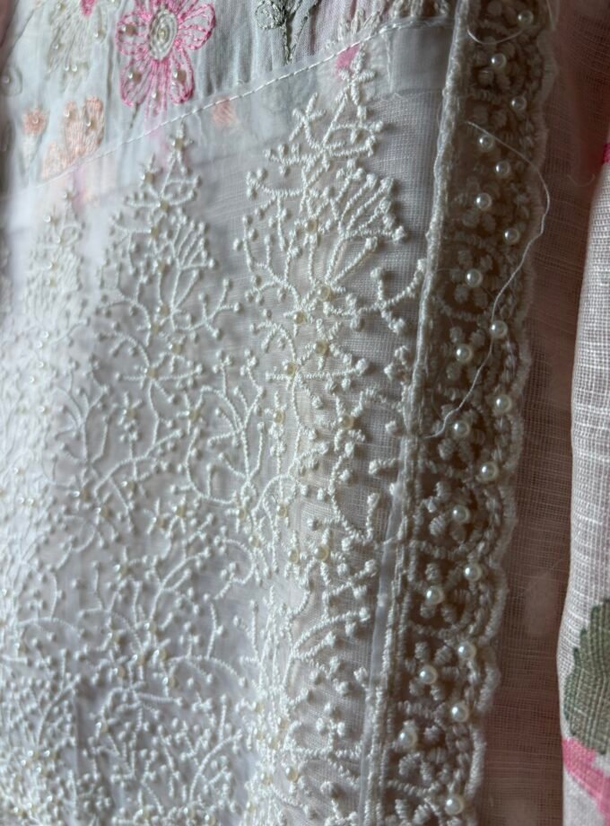 Embroidered Cotton Linen Salwar Set with Lace detailings by Ikhtirah