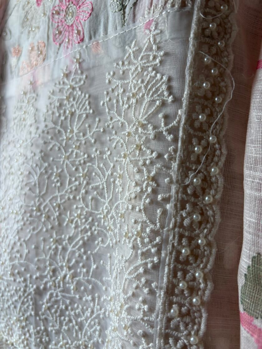 Embroidered Cotton Linen Salwar Set with Lace detailings by Ikhtirah - Image 6