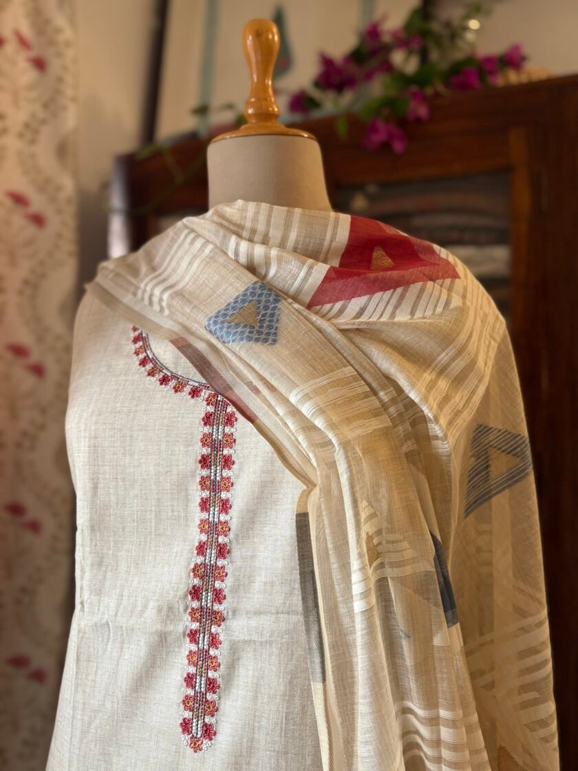 Embroidered Chanderi Cotton Jaamdani Salwar Set by Ikhtirah - Image 2