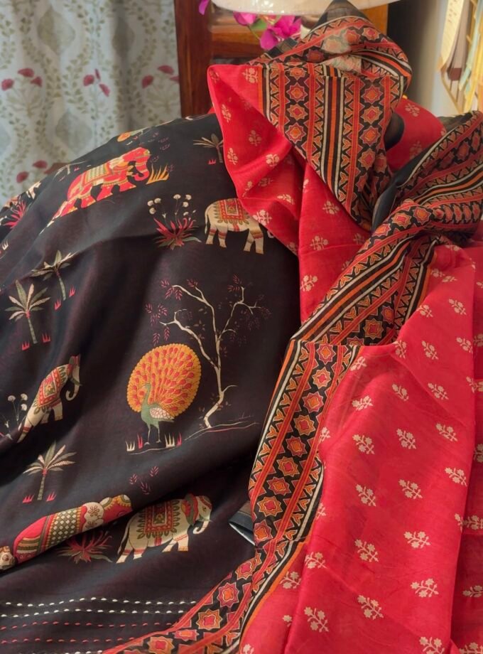 Pure Maheshwari Silk Salwars with Hand Kantha Highlights by Ikhtirah