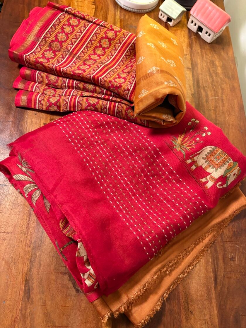 Pure Maheshwari Silk Salwars with Hand Kantha Highlights by Ikhtirah
