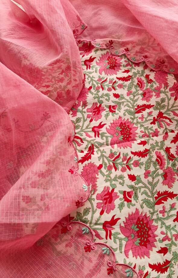 Pure Cotton Kurta fabric paired with Embroidered and scalloped Kota dupatta Set by Ikhtirah