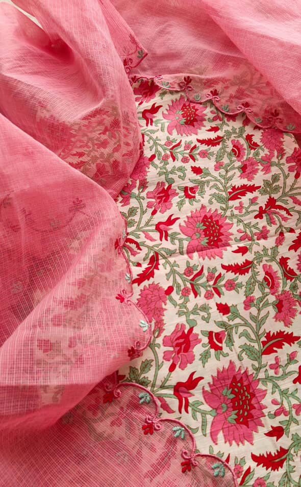 Pure Cotton Kurta fabric paired with Embroidered and scalloped Kota dupatta Set by Ikhtirah