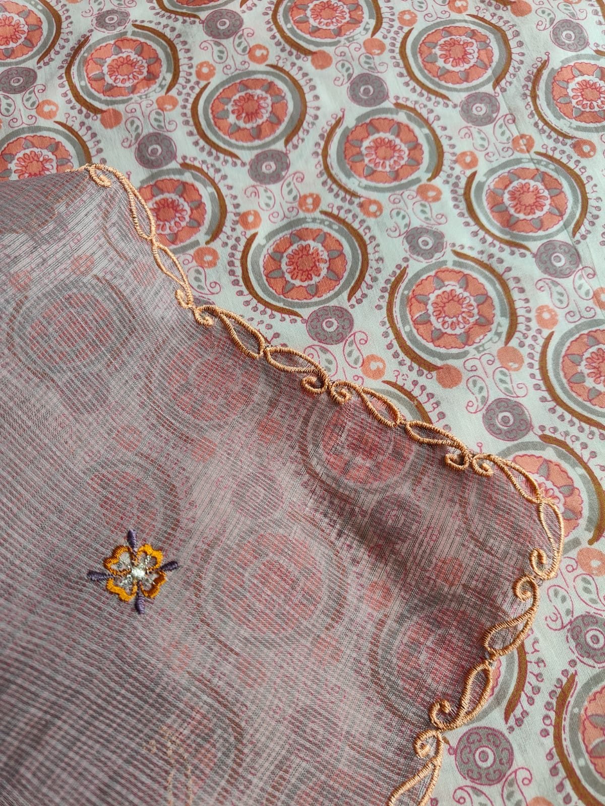 Pure Cotton Kurta fabric paired with Embroidered and scalloped Kota dupatta Set by Ikhtirah