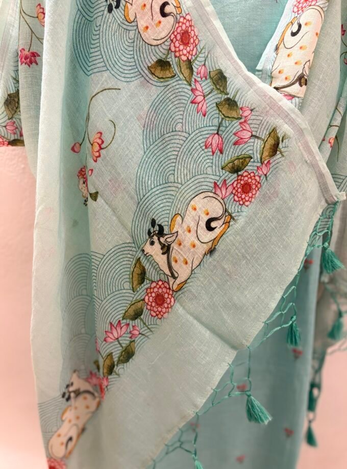 Pichwai Embroidered Pure Linen by Linen Salwar Set by Ikhtirah