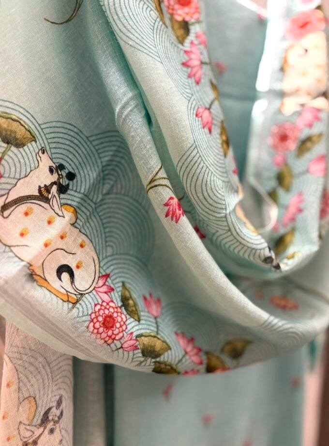 Pichwai Embroidered Pure Linen by Linen Salwar Set by Ikhtirah