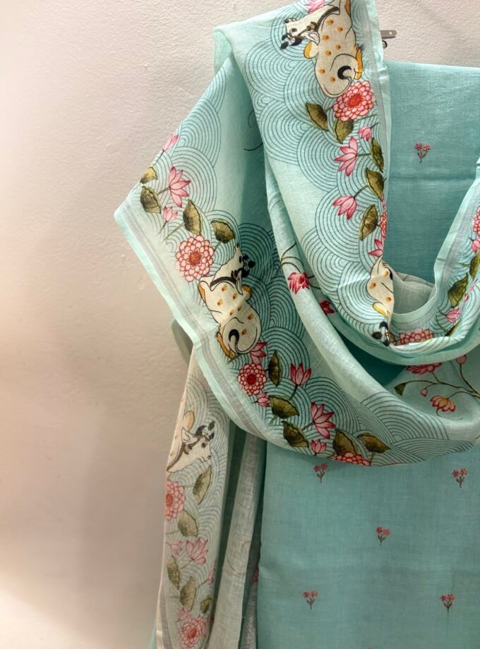 Pichwai Embroidered Pure Linen by Linen Salwar Set by Ikhtirah