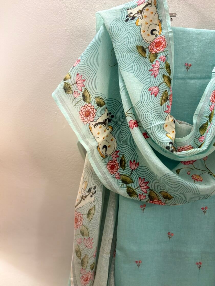 Pichwai Embroidered Pure Linen by Linen Salwar Set by Ikhtirah - Image 8