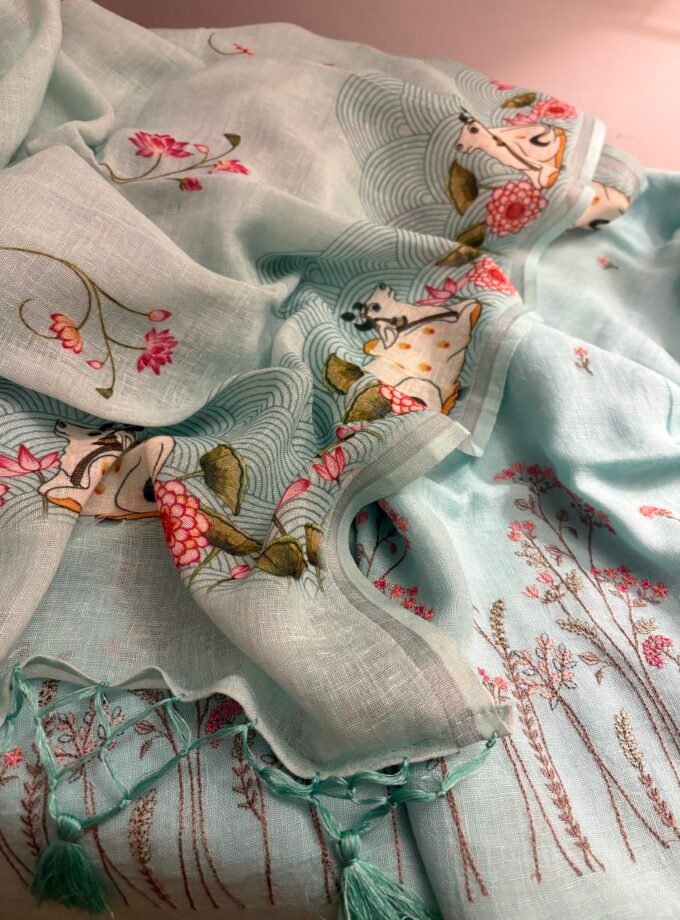 Pichwai Embroidered Pure Linen by Linen Salwar Set by Ikhtirah