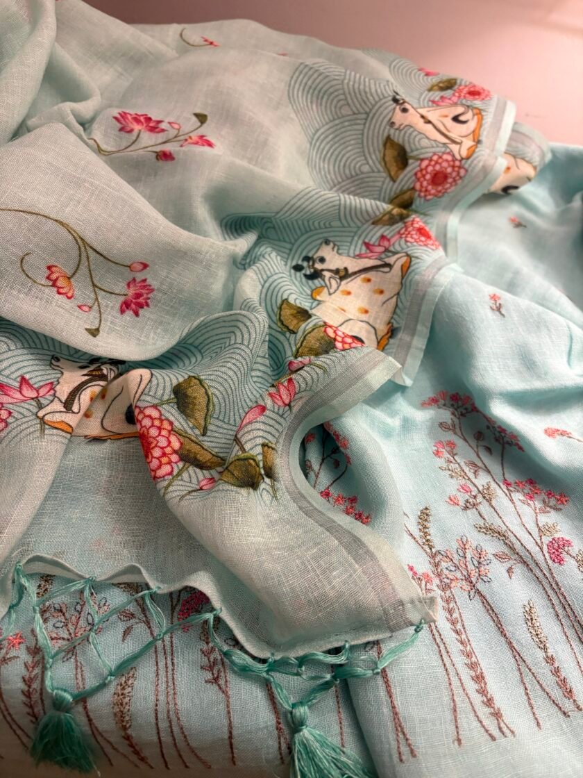 Pichwai Embroidered Pure Linen by Linen Salwar Set by Ikhtirah - Image 2