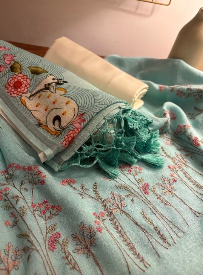 Pichwai Embroidered Pure Linen by Linen Salwar Set by Ikhtirah