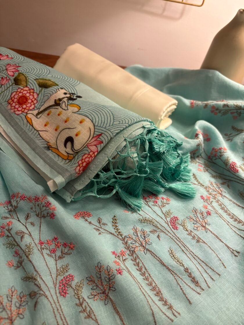 Pichwai Embroidered Pure Linen by Linen Salwar Set by Ikhtirah